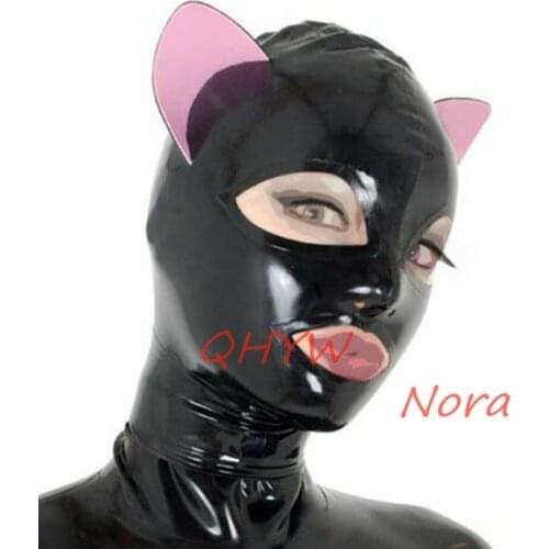 Sexy Handmade Latex Face Mask Female Exotic Latex Full Breath Hoods Mask with Ears Cekc Lingerie Uniform Anime Cosplay Costume