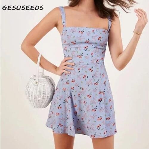 Sexy sleeveless dress women summer mini dress korean floral dresses backless lace up dresses casual beach dress blue sundress