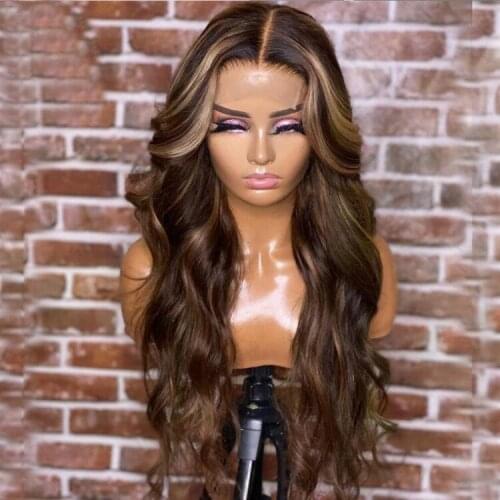 Synthetic Lace Front Wigs Highlight Brown Blonde Lace Wig Middle Part Heat Resist Fiber Soft Long Wavy Hair For Black Women
