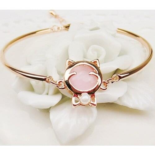 FYJS Unique Rose Gold Color Cute Cat Shape with Rose Pink Cat Eye Stone Bangle for Anniversary Gift Jewelry