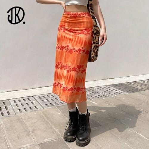 2021 Vintage High Waist Skirt Contrasting Color Printed Over-the-Knee Skirts Ladies Sexy Long Dress Floral Ins Style Mujer Tops