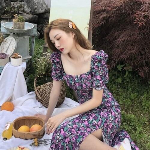 Party Casual Wear Retro Purple Floral Long Skirt Summer New Style Waist Slimming Puffy Sleeves Temperament Split Dress Female
