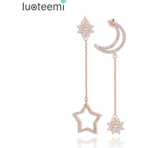 LUOTEEMI Women Tops Fashion Rose Gold-Color Star & Moon Long Dangle Cubic Zirconia Earrings for Women