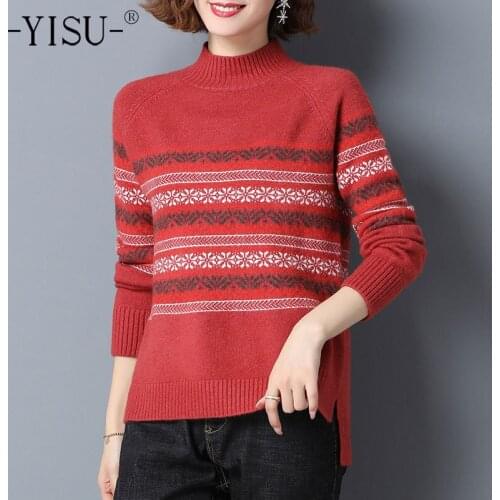 YISU 2020 Winter Women Sweater Solid color stripe Half turtleneck Casual Jumper Fashion Retro Knitted pullover Warm Winter top