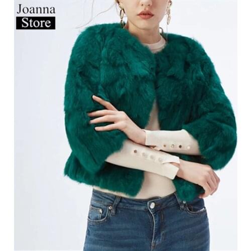 Winter New Real Rabbit Fur Short Fur Jacket Women Crew Neck Slim Warm Fur Coat Ladies Furry Thick Casual Plus Size Black Jackets