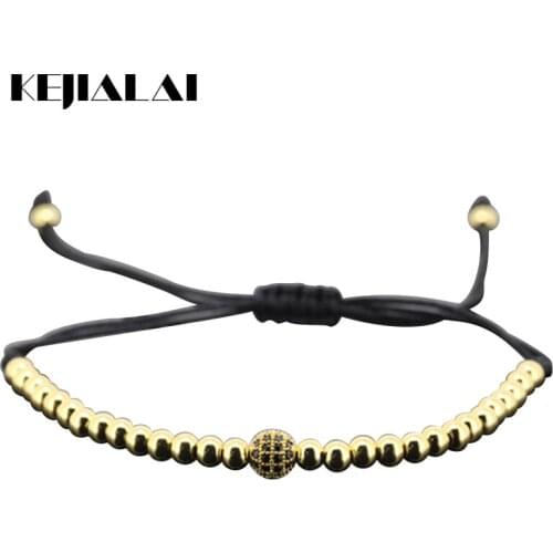 1pcs New Fashion Men Bracelets,24K Gold 4mm Round Beads & 6mm Micro Pave CZ Beads Briading Macrame Bracelet Christmass Gift