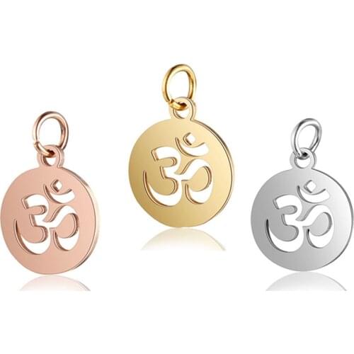 5pcs/lot Stainless Steel Round Hollow Words OM Buddhist Pendant Charms for DIY Yoga Jewellery Making Crafts 12X14mm