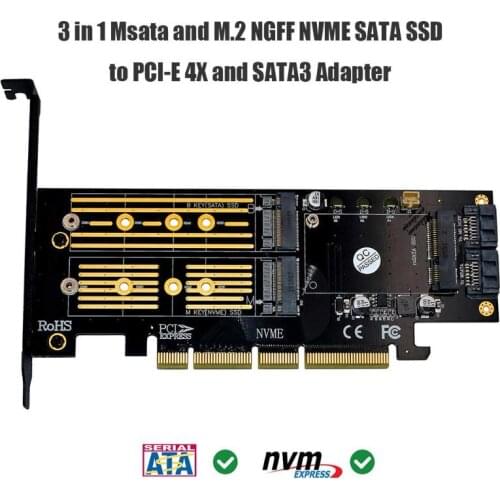 ALLOYSEED 3 in 1 Msata PCIE M.2 NGFF NVME SATA SSD to PCI-E 4X SATA3 Apapter Computer Expansion Cards for 2280 2260 2242 2230mm