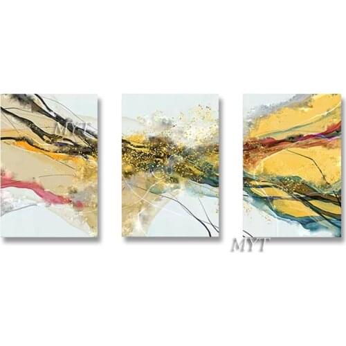 Free Shipping Golden 3PCS Group Oil Painting Canvas Art 100% Hand-painted Modern Wall Art Home Good Decoration Artwork Pictures