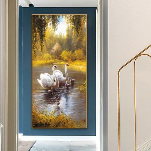 EECAMAIL 5D DIY European Style Full Diamond Painting Full Vertical Version Lake Swan Corridor Hanging Painting No Frame
