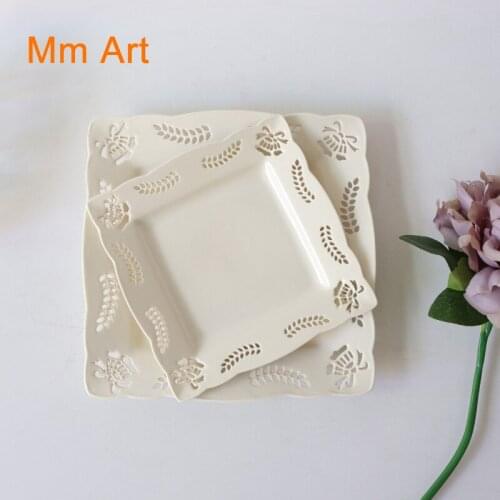 Exquisite Bowknot Hollow Square Ceramic Plate Vintage Cream Yellow Dish