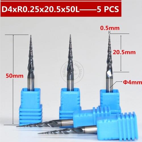 5PCS R0.25*D4*20.5*50L CNC Tungsten solid carbide Tapered Ball Nose End Mill taper and cone end mills,woodworking router