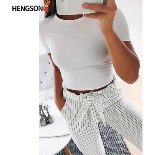 Summer Women Fashion Crop Top Shirt Solid Color O-Neck Short Sleeve T-shirt Casual Tees Basic Black White