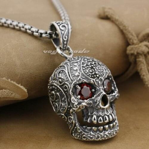 LINSION Huge Heavy Red CZ Eyes Skull Pendant 925 Sterling Silver Mens Biker Rock Punk Style 9E007