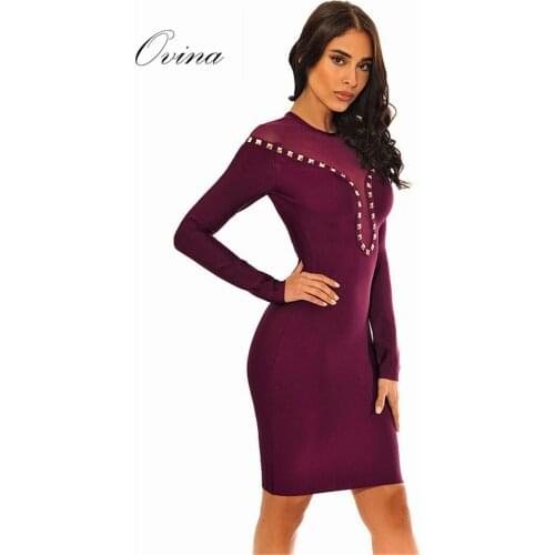 Fahsion Round Neck Rivet Long Sleeve Mini Slim Bandage Women Dress