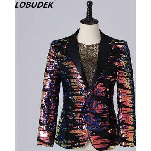 New Mens Singer Shiny Multi-color Sequins Suit Jackets Performance Clothes Evening Host Fashion Slim Sequin Blazer Coat Costume