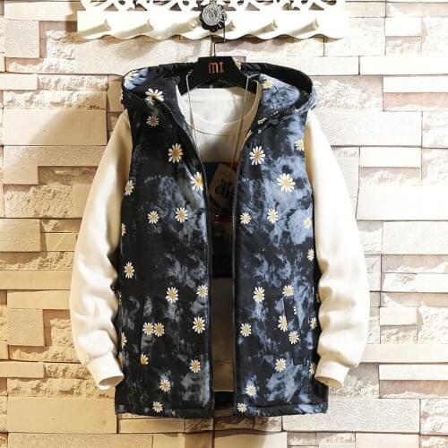 New Product Korean Fashion Loose Autumn and Winter Mens Daisy Print Trend Cotton Vest Thickening