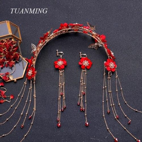 New Design Vintage Gold Red Flower Hairbands Crystal Butterfly Headbands Tassel Earrings Women Jewelry Wedding Hair Accessories