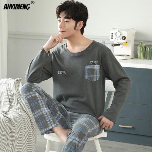 Men Pajamas Big Size Cotton Sleepwear Long Sleeved Plain Lounge Set 3xl 4xl Plus Size Fathers Pajamas Autumn Winter Pyjamas Men