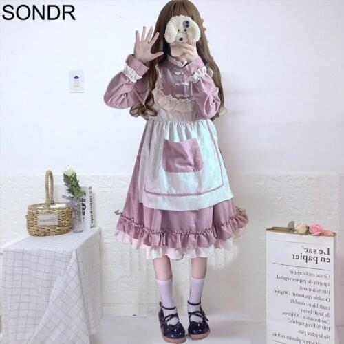 Kawaii Lolita Dress Women Autumn Soft Girl Fake Two Piece Maid Outfit cute Lolita Dresses Japanese Loose Long Sleeve Pink Dress