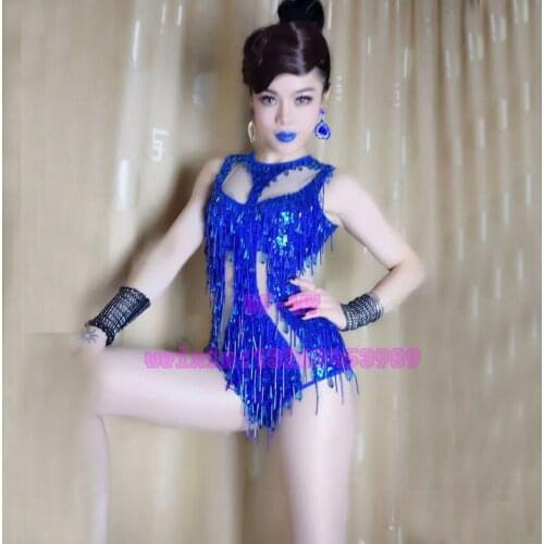 Taylor in same blue sequined glass tassel sexy tights bar and nightclub singer DJ jazz dance is suitable for the garment stage