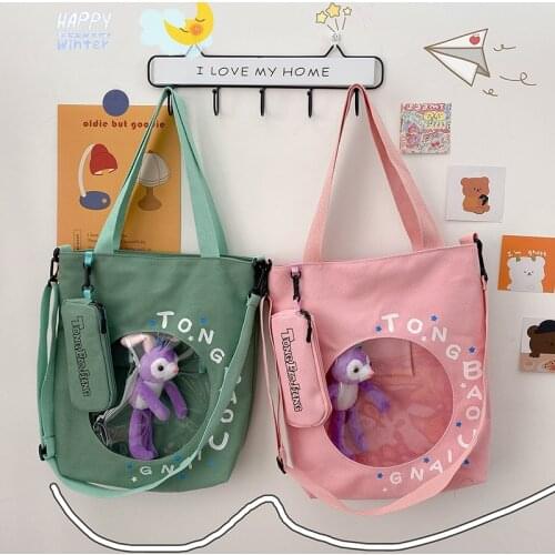 Japanese Transparent Pain Bag Femal 2021 New Forest Cartoon Doll Girl Shoulder Bag Ins Fashion Clear Canvas Ita bag IB039