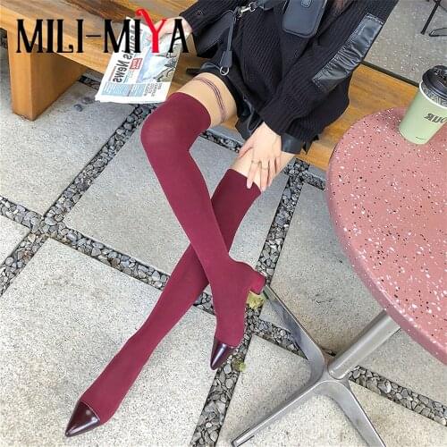 MILI-MIYA Sexy Design Women Over-The-Knee Sock Boots Cow Leather&Stretch Sock Solid Color Slip-0n Pointed Toe Square Heels