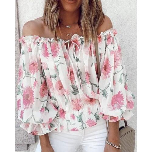 Spring Summer Women Floral Print Off Shoulder Boho Blouse 2021 New Femme Casual Lantern Sleeve Top Office Ladies Chiffon Tunic