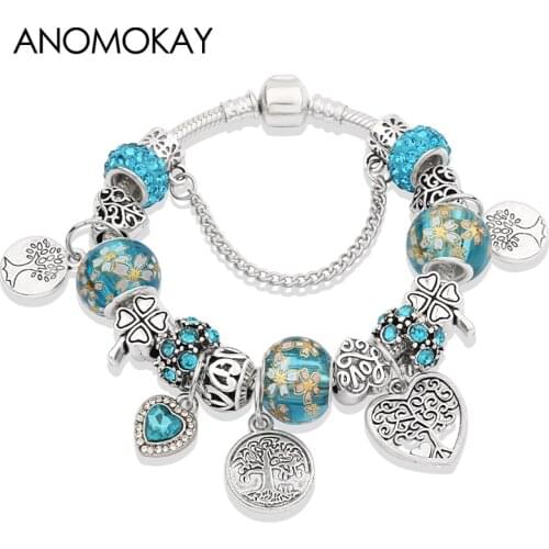 Dropshipping Hot Silver Plated Tree of Life Charm Bracelet & Bangle Blue Heart Flower Crystal Bead Bracelet for Men Child Gift