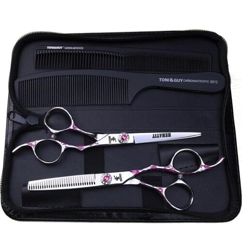 Black 6 inch rose handle hair scissors barber using Japanese 440C cutting and thinning scissors set comb and black case
