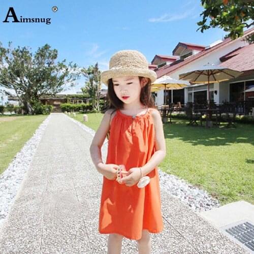 Kids Orange Sweet Dress Girls Sleeveless Casual Beach Dresses Children 2021 Patchwork Button Short Mini Princess Dress