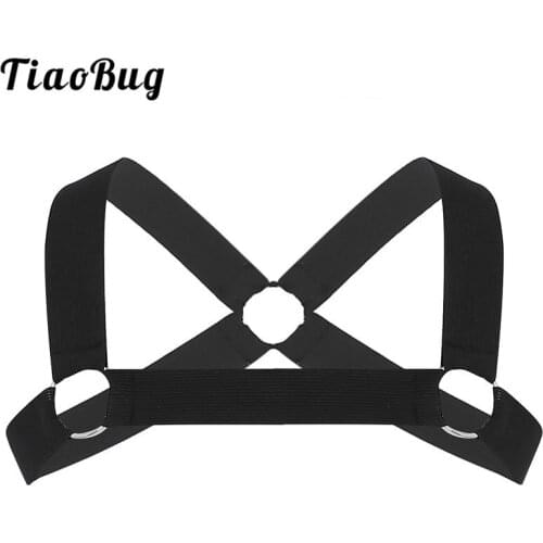 TiaoBug Men Elastic X-Shape Muscle Chest Harness Metal O-rings Bondage Belt Fancy Club Party Strap Top Sexy BDSM Bondage Costume