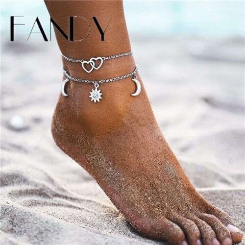 IF ME Bohemian Multilayers Anklets For Women Girl Vintage Silver Color Moon Sun Beach Pendant Ankle Bracelet on Leg Foot Jewelry