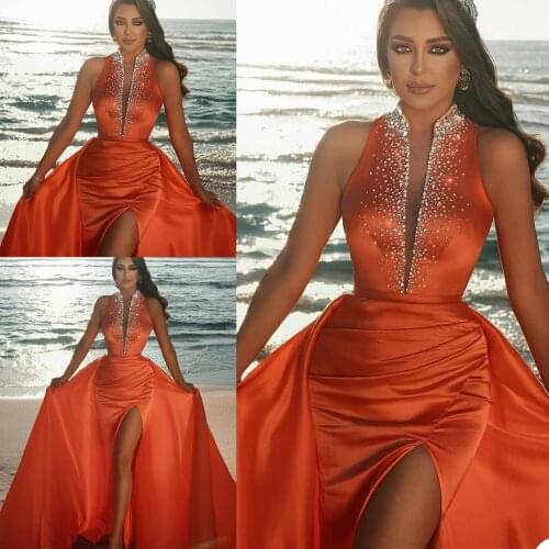 Hot Sale Orange Cocktail Dresses Sequined Sleeveless Prom Dress Stretchy Party Gowns