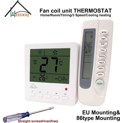 HESSWAY EU 86MM mount remote control room THERMOSTAT regulator 220v with fan control 40 degrees temperature switch