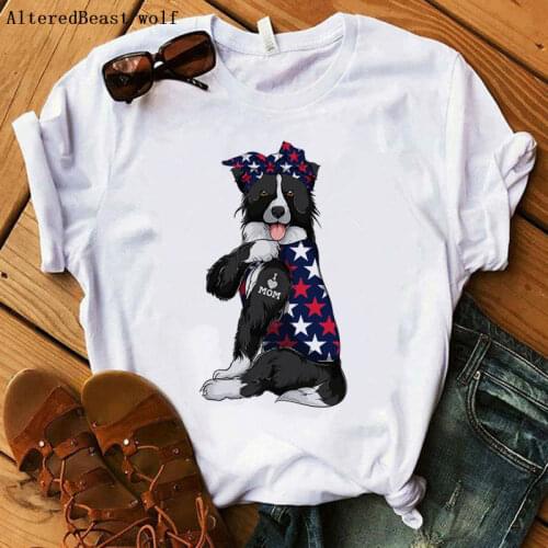 Border collie I Love Mon T-shirt Women American flag bandanas Print harajuku MAMA t-shirt short sleeve graphic tee women clothes