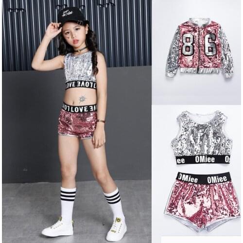 Hip Hop Kids Girls Sequin Ballroom Dance Costumes Street Wear Vest Shorts Jacket Clothing Set Modern Jazz Dancing Performance
