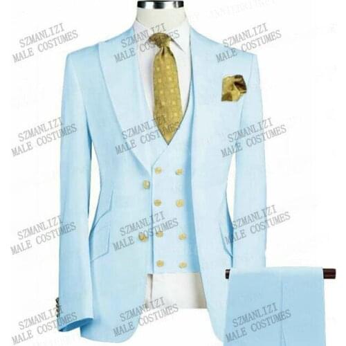 3 Pieces Mens Suits for Wedding Double Breasted Vest Slim Fit Groom Suits Italian Light Blue Wedding Tuxedos Jacket+Pants+Vest
