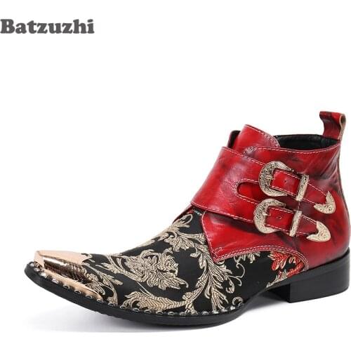 Batzuzhi Western Ankle Boots Men Metal Toe Rock Mens Leather Ankle Boots Buckles Botas Hombre Party Wedding Boots, Sizes US6-12