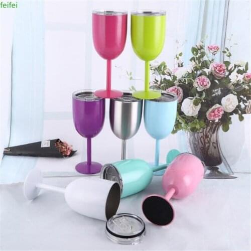 Wholesale 10oz Wine Glasses with Lids Stemless Tumbler Goblet 9 Colors Cocktail Glass Bar Drinkware Birthday Party Gift Wine Cup