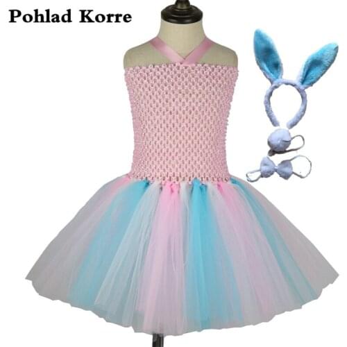 4 Pcs Pink Blue Easter Rabbit Bunny Girls Tutu Dress Kids Halloween Costume Vestidos Cute Baby Girls Birthday Party Dresses XX08
