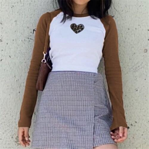 Casual Women Sexy O-Collar T-shirt Love Leopard Printing Contrast Color Long Sleeve Crop Top High Waist Female Clothing Spring