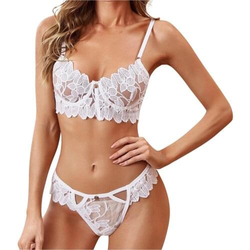 Sexy Lace White Lingerie for Women G-string Flowers Embroidery Bralette Lace Bra Bustier Lingerie Thong Lingerie Set