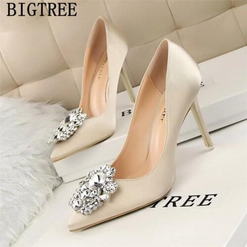 New Arrival 2021 Dress Shoes Women Rhinestone Heels Bigtree Shoes Pink Heels Women Pumps Wedding Shoes Bride Tacones Mujer Buty