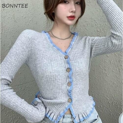 Sweater Women Vintage Patchwork Tender Flare Sleeve 2021 V-Neck All-match Ulzzang Cardigan Classic Design Gray College Outerwear