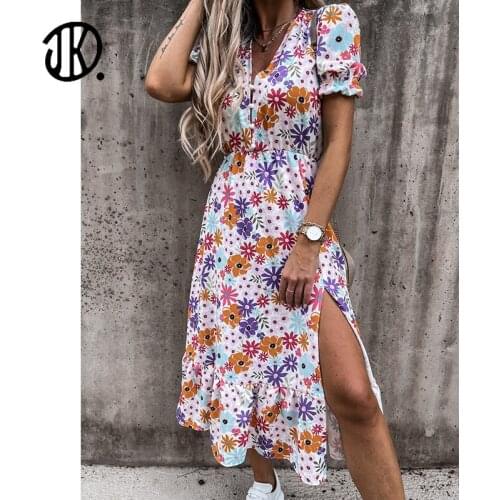 Summer Printed Short-sleeved V-neck Slit Dress Ladies Bohemian Loose Long Robe 2021 Female Elegant Sundress Beach Vestidos S-XL