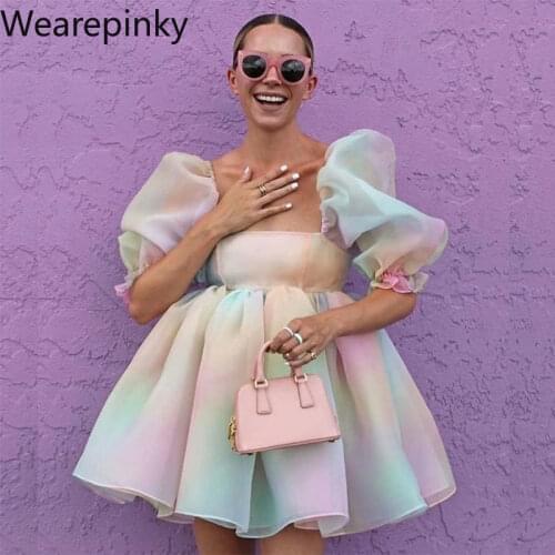 Rainbow Princess Dress For Women Puff Sleeve Square Collar Office Lady Elegant Lovely Fashion Personality Birthday Mini Dress