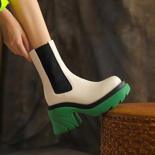 Winter Luxury Brand Punk Gothic Streetwear Women Shoes Green pink Thick Sole Platform Chunky Heels Slim Chelsea Ankle Boots889
