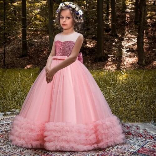 2021 Summer Fluffy Girl First Bridesmaid Dress Pink White Wedding Kids Dresses For Girls Children Lace Princess Dress 10 12 Year