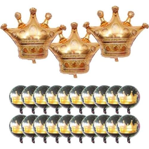 3Pcs Gold Crown Balloons and 20Pcs 18" Black Mylar Helium Balloons Floating Set For Boy Baby Shower Crown Princess Birthday
